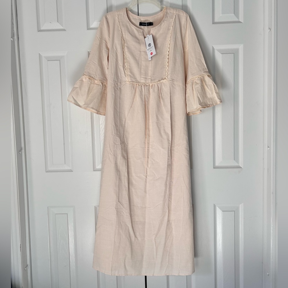 Dress Cream Ruffle Sleeves with Pockets Rear Tie Modest Tradwife Style Medium